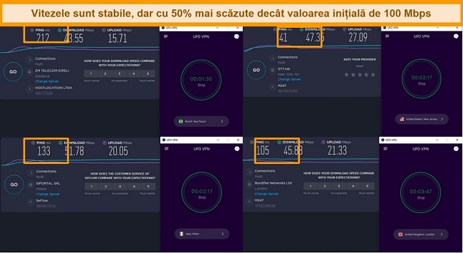 Captură de ecran a rezultatelor testului de viteză care arată viteze pentru serverele VPN OZN de pe 4 continente diferite