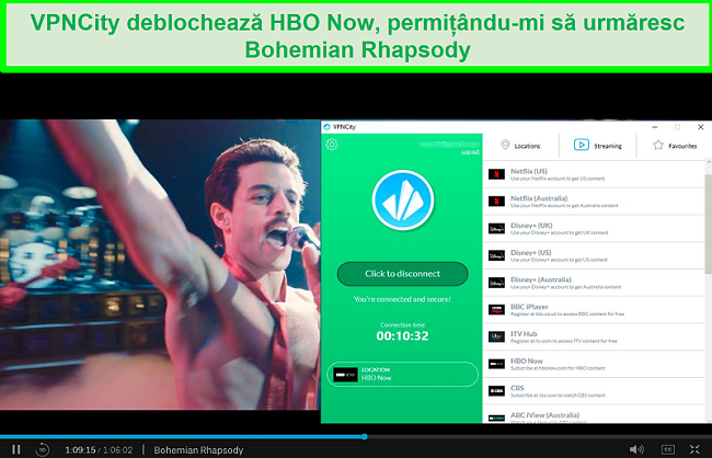 Captură de ecran a HBO ACUM jucând Bohemian Rhapsody în timp ce sunteți conectat la serverul de streaming HBO Now al VPNCity