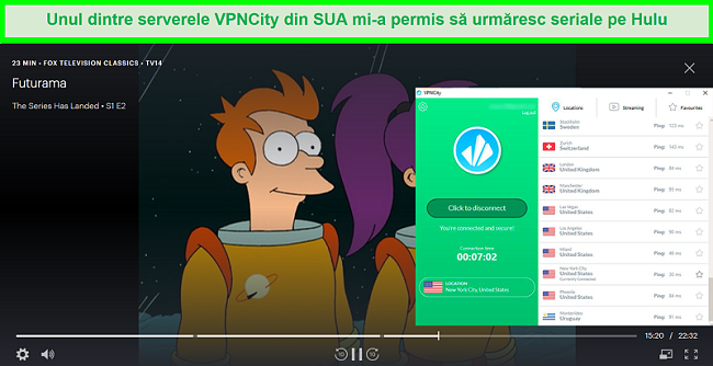 Captură de ecran a fluxului Futurama pe Hulu în timp ce VPNCity este conectat la un server din New York City, SUA