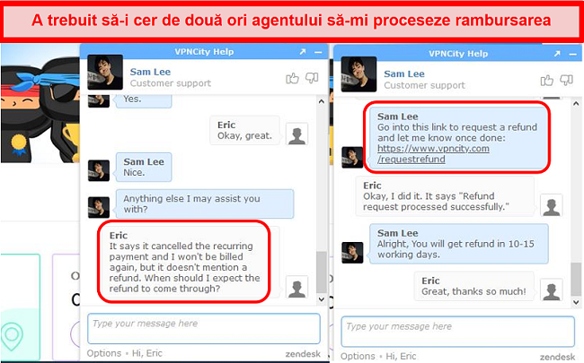 Captură de ecran a unei conversații cu chatul live VPNCity care arată procesul de solicitare a rambursării