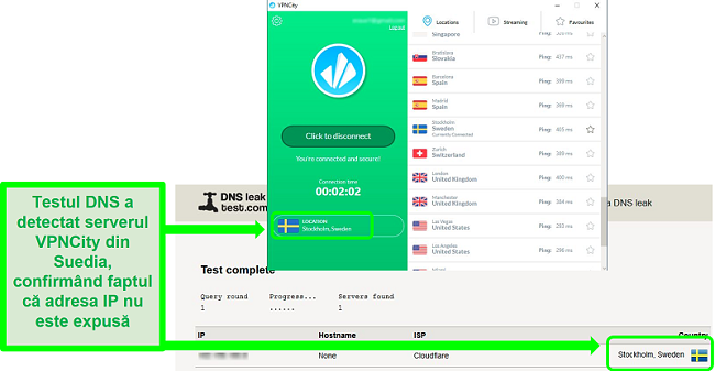 Captură de ecran a VPNCity conectat la un server din Suedia și care trece un test de scurgere DNS