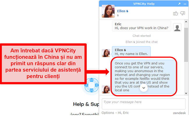 Captură de ecran a asistenței live chat a VPNCity.com