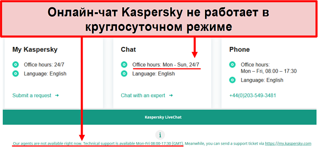 Скриншот службы поддержки Касперского в чате с указанием рабочего времени