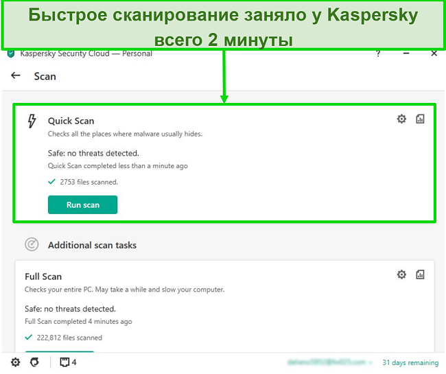 Скриншот экрана результатов быстрой проверки антивируса Касперского для ПК.