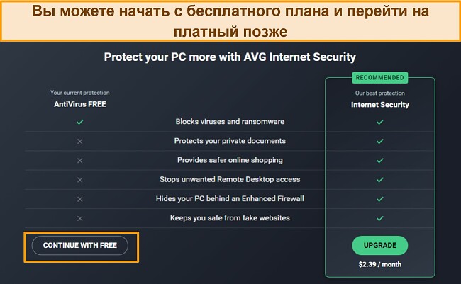 Снимок экрана с планами AVG