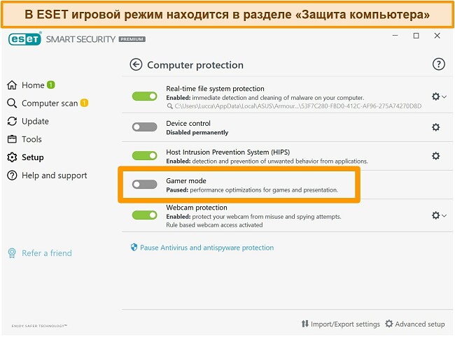 Скриншот интерфейса рабочего стола ESET