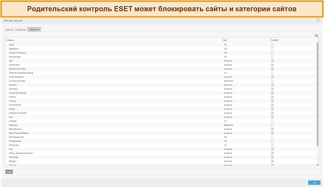 Снимок экрана родительского контроля ESET