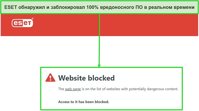 Скриншот антивируса ESET, блокирующего потенциально опасные веб-сайты