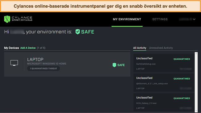 Skärmdump av Cylances webbaserade instrumentpanel som visar den aktuella säkerhetsnivån för anslutna enheter och vilka hot som har upptäckts.