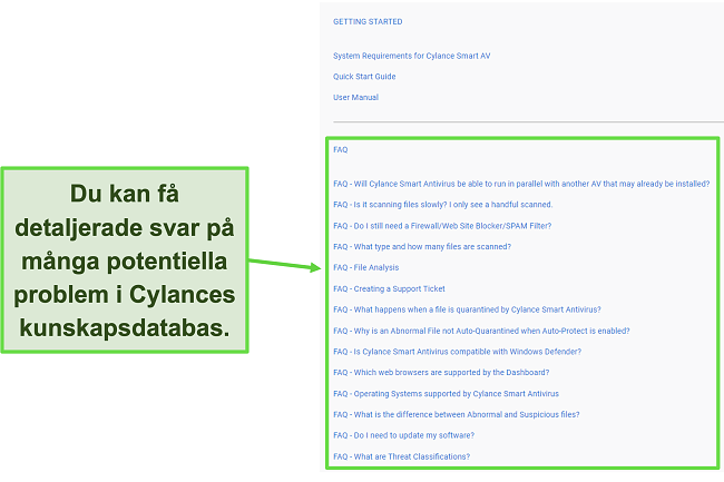 Skärmdump av Cylances kunskapsbas med vanliga frågor.