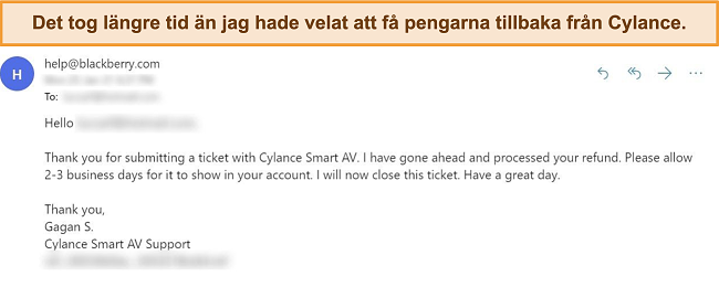 Skärmdump av Cylances e-postsvar på en begäran om återbetalning.