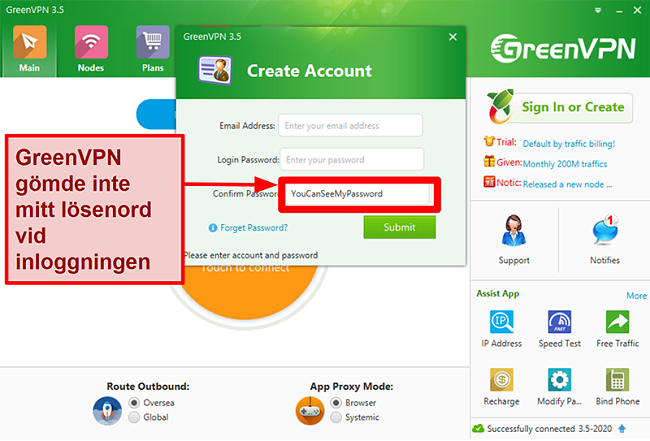 Skärmdump av GreenVPN-gränssnittet som visar skapande av konto och inloggningsskärm