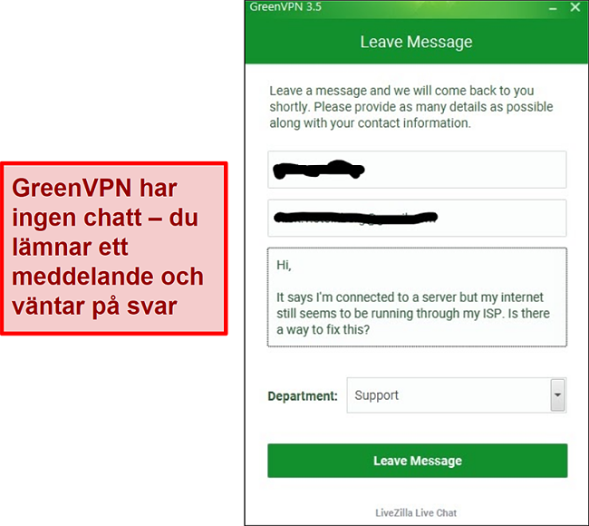 Skärmdump av GreenVPN supportskärm