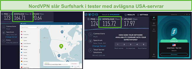 Skärmdump av NordVPN och Surfshark som kör ett amerikanskt hastighetstest.