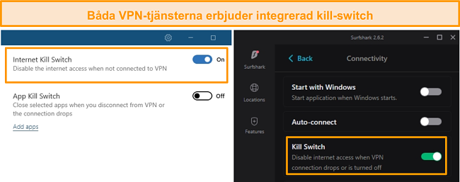 Skärmdump av NordVPN: s och Surfsharks integrerade kill-switchar.