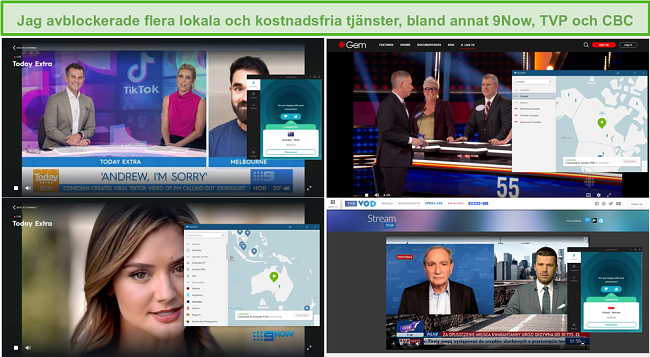 Skärmdump av NordVPN och Surfshark som blockerar olika lokala TV-stationer, inklusive 9Now, TVP och CBC.