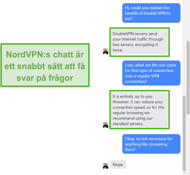 Skärmdump av NordVPN livechattassistans.