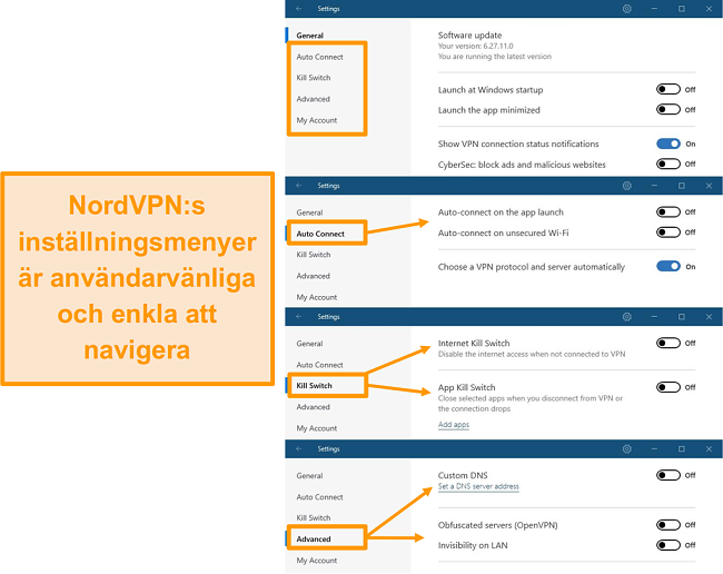 Skärmdump av NordVPN: s skrivbordsmenyer.