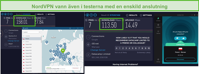 Skärmdump av NordVPN och Surfshark som kör ett hastighetstest med en anslutning.