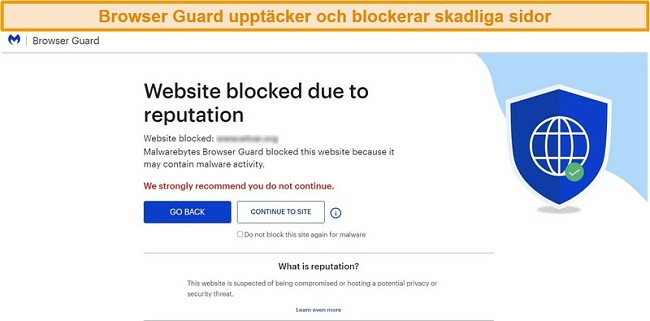 Skärmdump av Browser Guard förhindrar åtkomst till en webbplats som är värd för skadlig programvara.