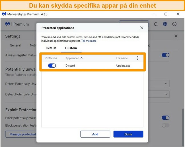 Sk&auml;rmdump av Malwarebytes lista &ouml;ver skyddade appar f&ouml;r exploateringsskydd.