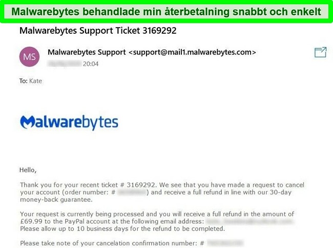 Sk&auml;rmdump av Malwarebytes &aring;terbetalningsprocess med ett e-postsvar till en &aring;terbetalningsbeg&auml;ran.