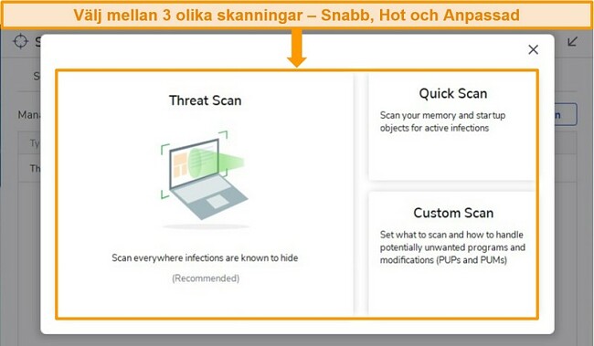 Sk&auml;rmdump av Malwarebytes viruss&ouml;kningsalternativ.