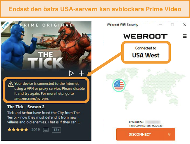 Skärmdump av Amazon Prime Videos proxy-fel när den är ansluten till Webroot WiFi Securitys USA West-server