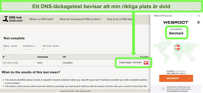 Skärmdump av ett framgångsrikt DNS-läckagetest medan Webroot WiFi Security är ansluten till en server i Danmark