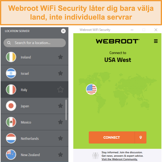Skärmdump av Webroot WiFi Securitys servernätverksmeny
