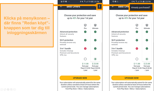 Skärmdump som jämför AVG-antivirus-PC och Mac-instrumentpaneler