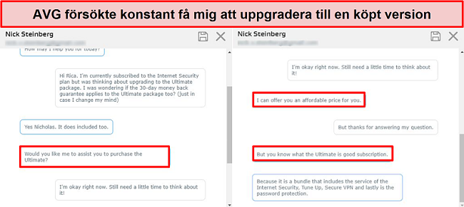 Skärmdump som visar AVG: s chattverktyg