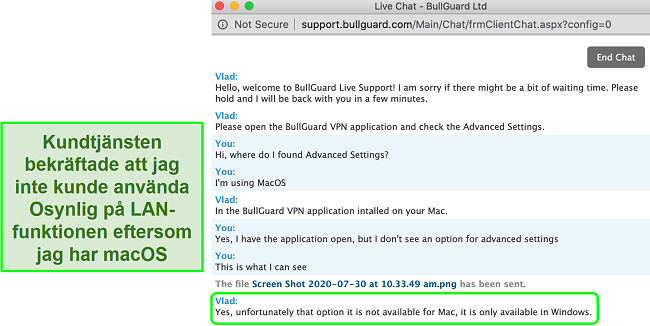 Skärmdump av BullGuard VPNs kundtjänst som bekräftar osynlighet på LAN är endast tillgänglig på Windows