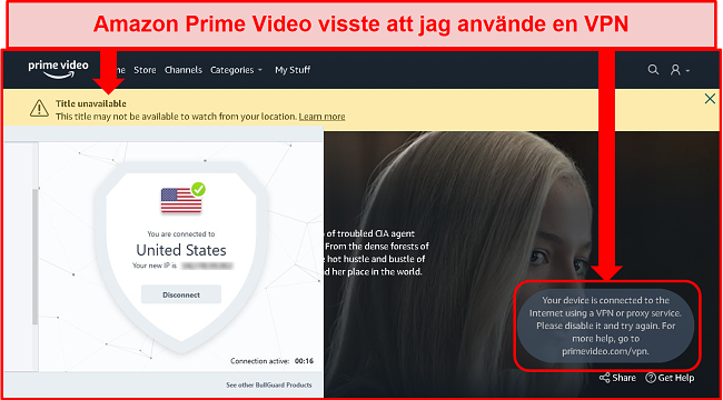 Skärmdump av Amazon Prime Video otillgänglighet med BullGuard ansluten
