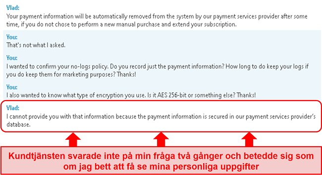 Skärmdump av BullGuards support att inte svara på min fråga om betalningsinformation och sedan ge mig fel svar