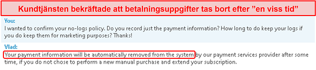 Skärmdump av kundsupportchatt som klargör att de lagrar betalningsinformation och tar bort den efter 