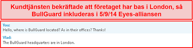 Skärmdump av kundsupportchatt som klargör deras basverksamhet finns i London