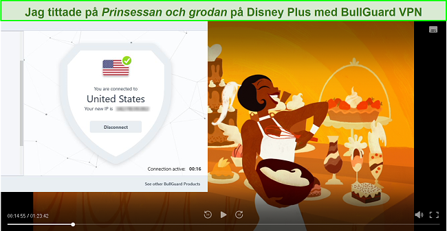 Skärmdump av Prinsessan och grodan på Disney Plus med BullGuard ansluten