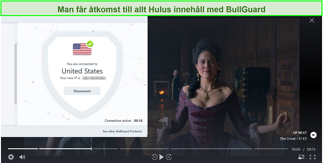 Skärmdump av The Great på Hulu med BullGuard ansluten