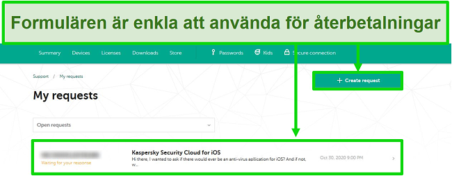 Skärmdump av Kaspersky-supportförfrågningar på Kasperskys webbplats.