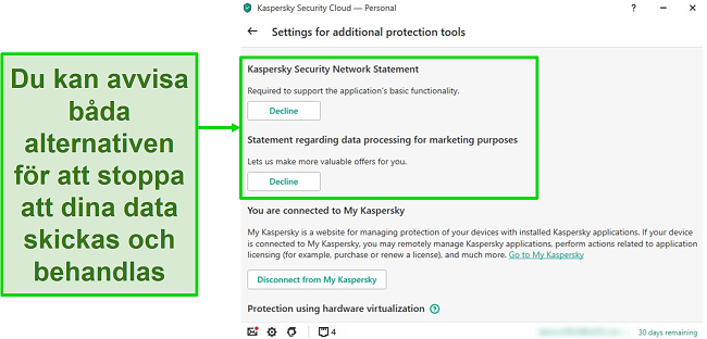 Skärmdump av Kaspersky-skrivbordsalternativ för att inaktivera insamling av personuppgifter.