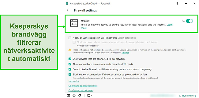 Skärmdump av Kaspersky-brandväggsinställningar för skrivbordet som låter dig anpassa dess regler och filter.