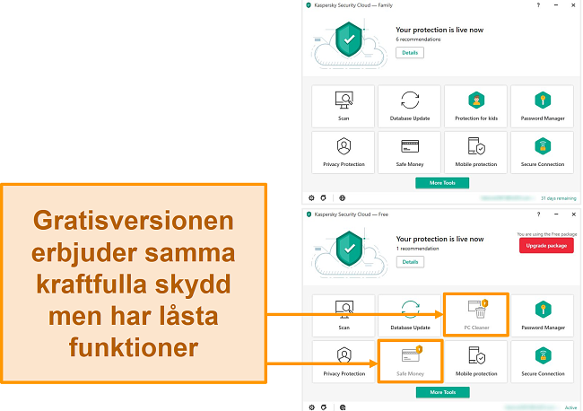 Skärmdump av Kaspersky Security Cloud Free-skrivbord som visar låsta funktioner mot en premiumversion.