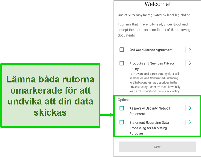 Skärmdump av Kaspersky Antivirus mobilapp som visar bortvalsskärm för datainsamling på välkomstmenyn.