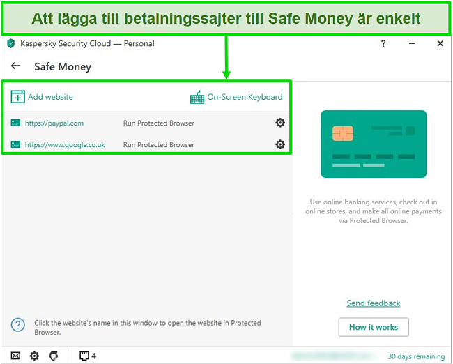 Skärmdump av Kaspersky Safe Money-applikationen som låter dig lägga till webbplatser för säker användning.