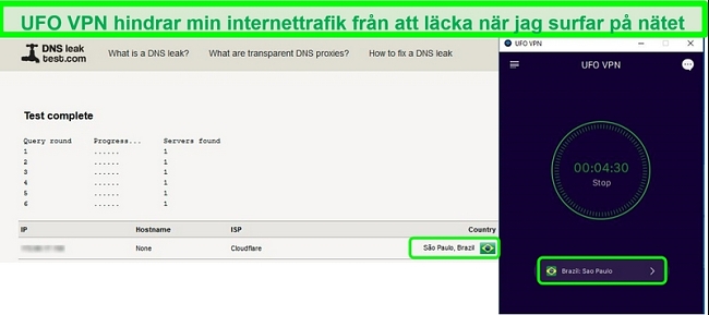 Skärmdump av ett framgångsrikt DNS-läckagetest när du är ansluten till en UFO VPN-server i Brasilien