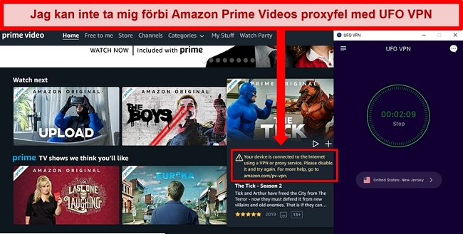 Skärmdump av Amazon Prime Videos proxy-fel när den är ansluten till UFO VPNs New Jersey-server