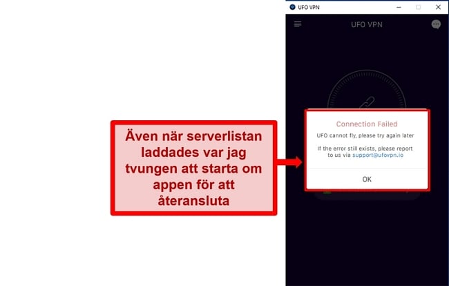 Skärmdump av UFO VPN: s anslutningsfel