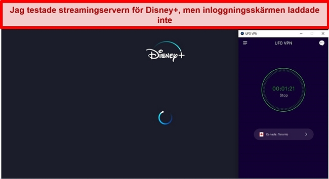 Skärmdump av Disney + som försöker ladda medan UFO VPN är ansluten till en kanadaserver