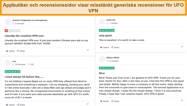 Skärmdump av UFO VPN-recensioner på Trustpilot.com